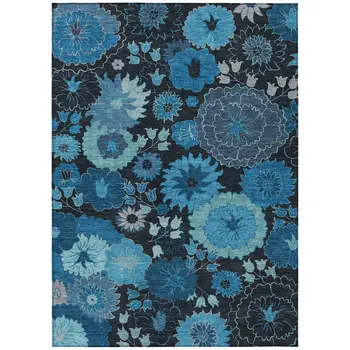 8' X 10' Blue And Black Floral Washable Indoor Outdoor Area Rug