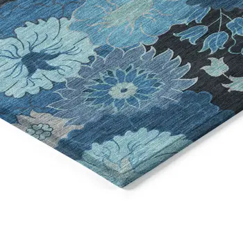 9' X 12' Blue And Black Floral Washable Indoor Outdoor Area Rug