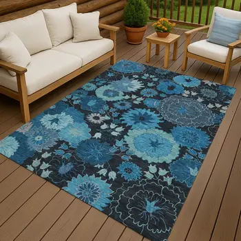9' X 12' Blue And Black Floral Washable Indoor Outdoor Area Rug