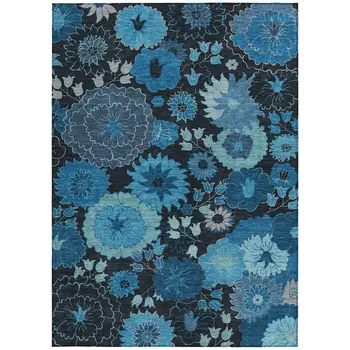 10' X 14' Blue And Black Floral Washable Indoor Outdoor Area Rug
