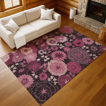 3' X 5' Blush And Black Floral Washable Indoor Outdoor Area Rug