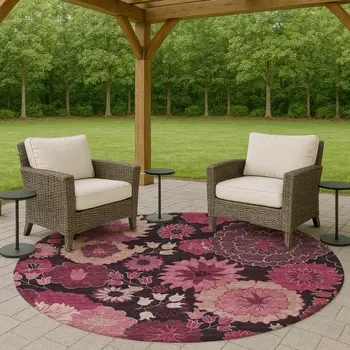 8' Blush And Black Round Floral Washable Indoor Outdoor Area Rug