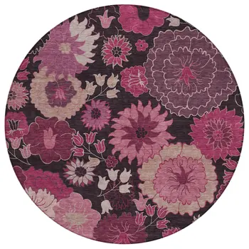 8' Blush And Black Round Floral Washable Indoor Outdoor Area Rug