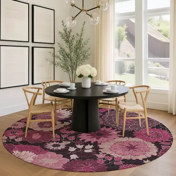 8' Blush And Black Round Floral Washable Indoor Outdoor Area Rug