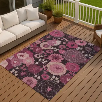 9' X 12' Blush And Black Floral Washable Indoor Outdoor Area Rug