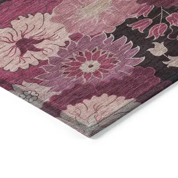 9' X 12' Blush And Black Floral Washable Indoor Outdoor Area Rug