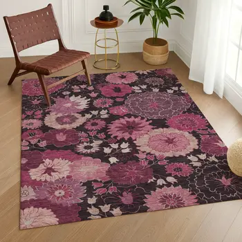 9' X 12' Blush And Black Floral Washable Indoor Outdoor Area Rug