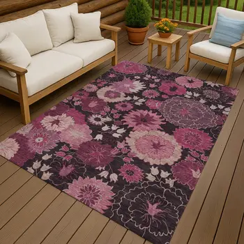 9' X 12' Blush And Black Floral Washable Indoor Outdoor Area Rug