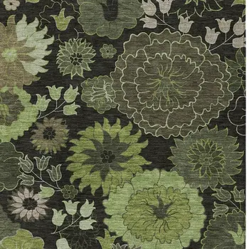 5' X 8' Green And Black Floral Washable Indoor Outdoor Area Rug