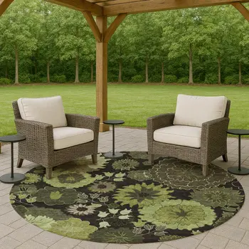 8' Green And Black Round Floral Washable Indoor Outdoor Area Rug