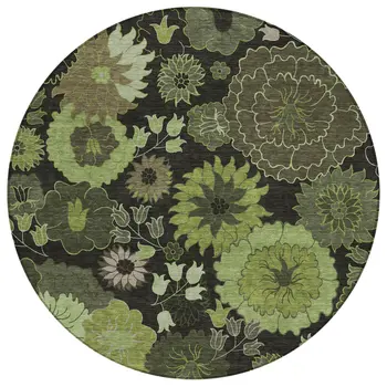 8' Green And Black Round Floral Washable Indoor Outdoor Area Rug