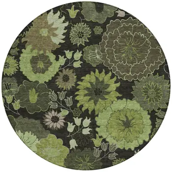 8' Green And Black Round Floral Washable Indoor Outdoor Area Rug