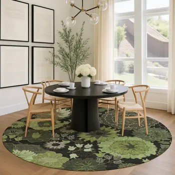 8' Green And Black Round Floral Washable Indoor Outdoor Area Rug