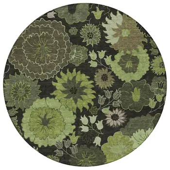 8' Green And Black Round Floral Washable Indoor Outdoor Area Rug