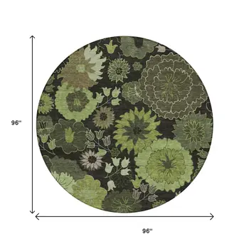 8' Green And Black Round Floral Washable Indoor Outdoor Area Rug