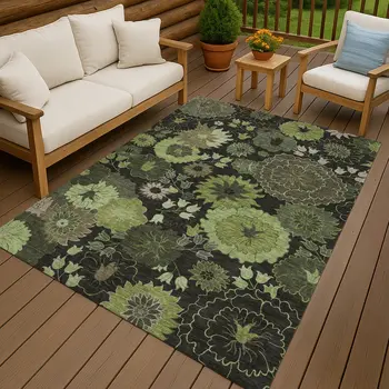 9' X 12' Green And Black Floral Washable Indoor Outdoor Area Rug