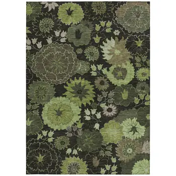 10' X 14' Green And Black Floral Washable Indoor Outdoor Area Rug