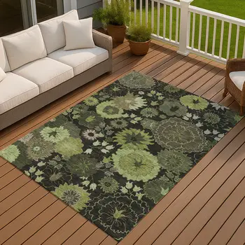 10' X 14' Green And Black Floral Washable Indoor Outdoor Area Rug