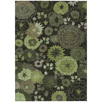 10' X 14' Green And Black Floral Washable Indoor Outdoor Area Rug