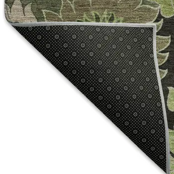 10' X 14' Green And Black Floral Washable Indoor Outdoor Area Rug
