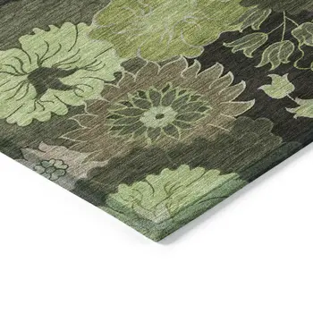 10' X 14' Green And Black Floral Washable Indoor Outdoor Area Rug