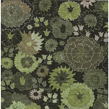 10' X 14' Green And Black Floral Washable Indoor Outdoor Area Rug