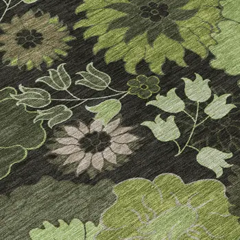 10' X 14' Green And Black Floral Washable Indoor Outdoor Area Rug