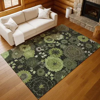 10' X 14' Green And Black Floral Washable Indoor Outdoor Area Rug