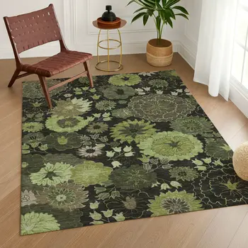 10' X 14' Green And Black Floral Washable Indoor Outdoor Area Rug