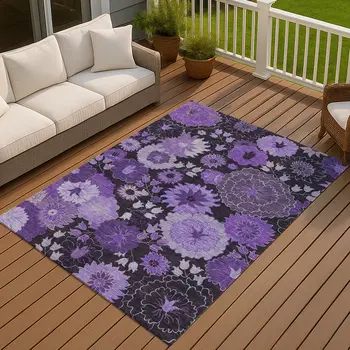3' X 5' Purple And Black Floral Washable Indoor Outdoor Area Rug