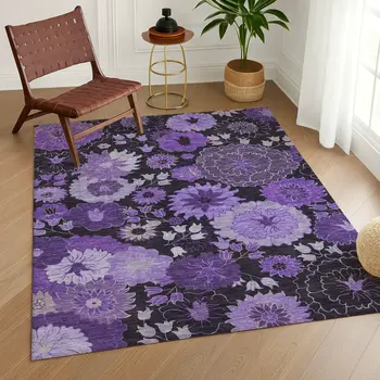 3' X 5' Purple And Black Floral Washable Indoor Outdoor Area Rug