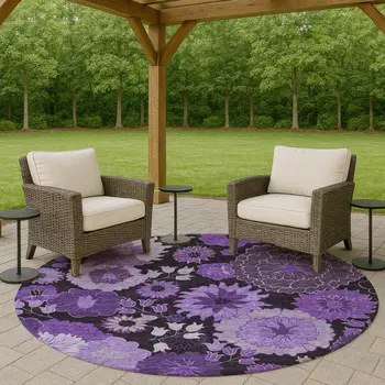 8' Purple And Black Round Floral Washable Indoor Outdoor Area Rug