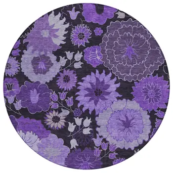 8' Purple And Black Round Floral Washable Indoor Outdoor Area Rug