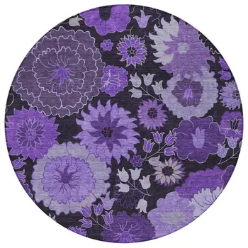 8' Purple And Black Round Floral Washable Indoor Outdoor Area Rug