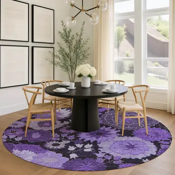 8' Purple And Black Round Floral Washable Indoor Outdoor Area Rug