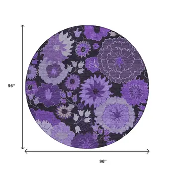 8' Purple And Black Round Floral Washable Indoor Outdoor Area Rug