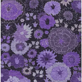 9' X 12' Purple And Black Floral Washable Indoor Outdoor Area Rug