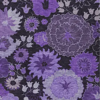 9' X 12' Purple And Black Floral Washable Indoor Outdoor Area Rug