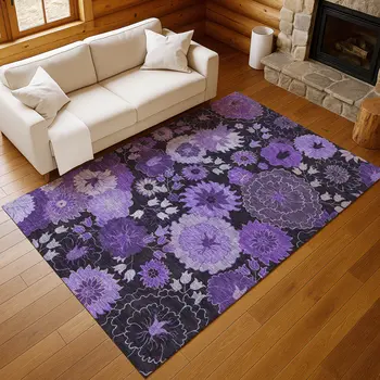 9' X 12' Purple And Black Floral Washable Indoor Outdoor Area Rug