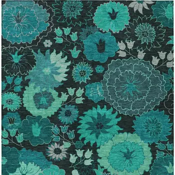 3' X 5' Teal Blue And Black Floral Washable Indoor Outdoor Area Rug