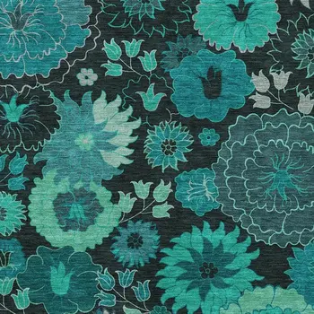 3' X 5' Teal Blue And Black Floral Washable Indoor Outdoor Area Rug