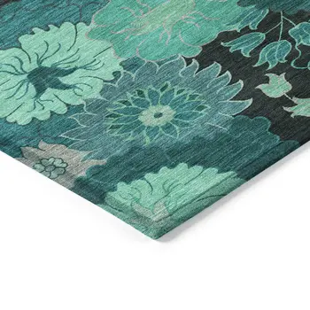 5' X 8' Teal Blue And Black Floral Washable Indoor Outdoor Area Rug