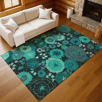 5' X 8' Teal Blue And Black Floral Washable Indoor Outdoor Area Rug