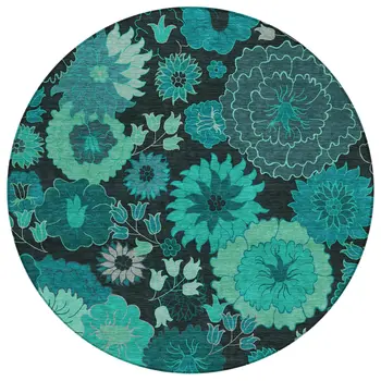 8' Teal Blue And Black Round Floral Washable Indoor Outdoor Area Rug