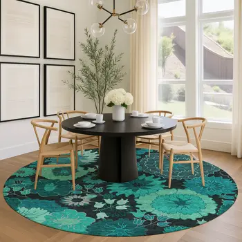 8' Teal Blue And Black Round Floral Washable Indoor Outdoor Area Rug