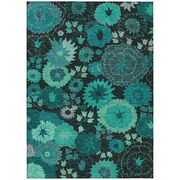 9' X 12' Teal Blue And Black Floral Washable Indoor Outdoor Area Rug