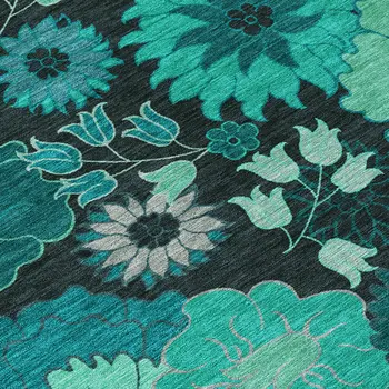 9' X 12' Teal Blue And Black Floral Washable Indoor Outdoor Area Rug