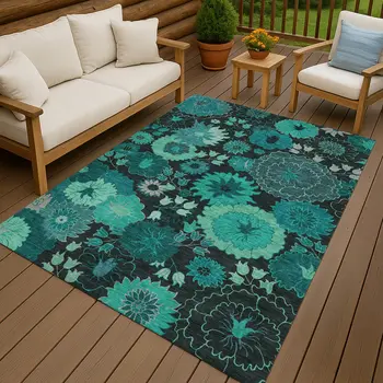 10' X 14' Teal Blue And Black Floral Washable Indoor Outdoor Area Rug