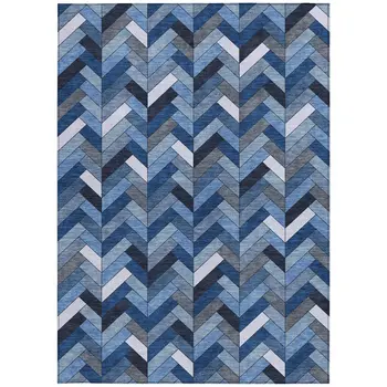 3' X 5' Blue And Ivory Geometric Washable Indoor Outdoor Area Rug