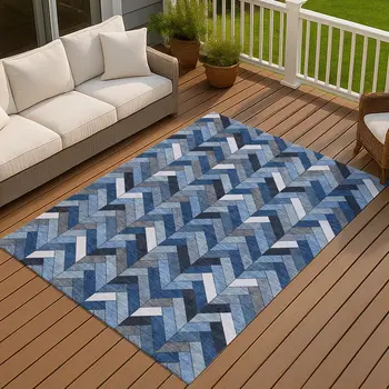 3' X 5' Blue And Ivory Geometric Washable Indoor Outdoor Area Rug